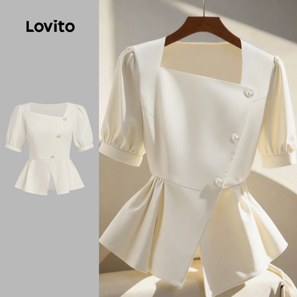 Lovito Elegante Blusa Assimétrica com Botões Primavera/verão Blusa Off-white par