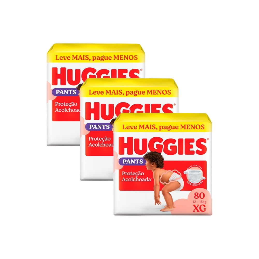 Kit 3 Fralda Huggies Pants Roupinha Proteção Acolchoada Tamanho XG 80 Unidades Descartáveis
