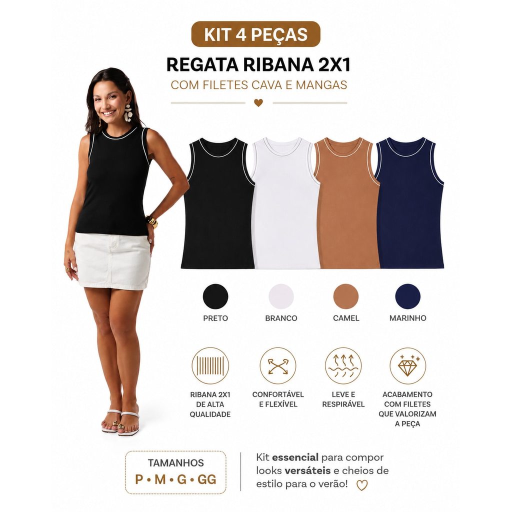 Kit 4 Regatas Femininas Ribana Canelada | Viscose Elastano Preto Branco Camel Marinho | P ao GG