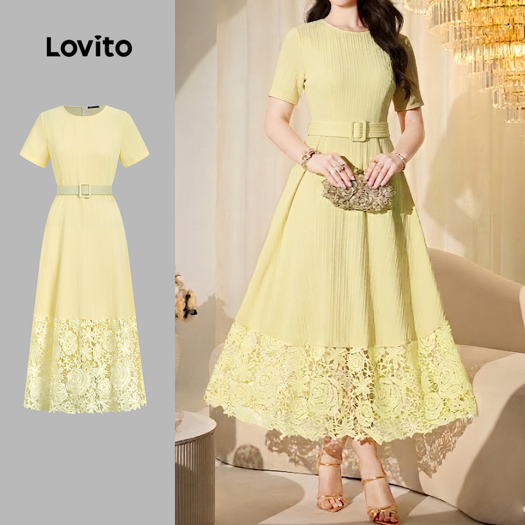Lovito Vestido Midi Amarelo Casual De Corte Evasê Com Cinto E Gola Redonda Para Primavera/verão Para Uso Diário Feminina Bordado LR41E046