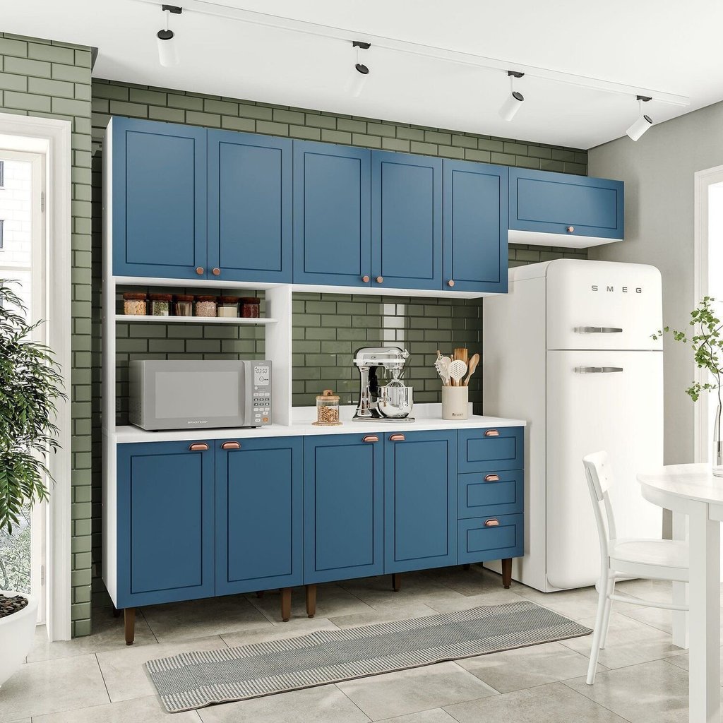 Cozinha Completa Modulada 280cm com Tampo 4 Peças Pérola Yescasa Azul/Branco Azul/Branco