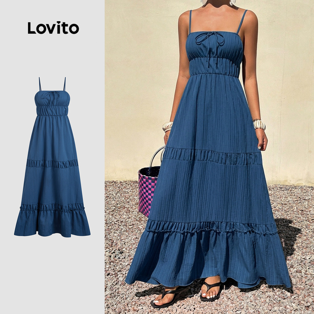 (New Arrival) Lovito Vestido Boho com Borda de Folhas de Alface Primavera/verão 