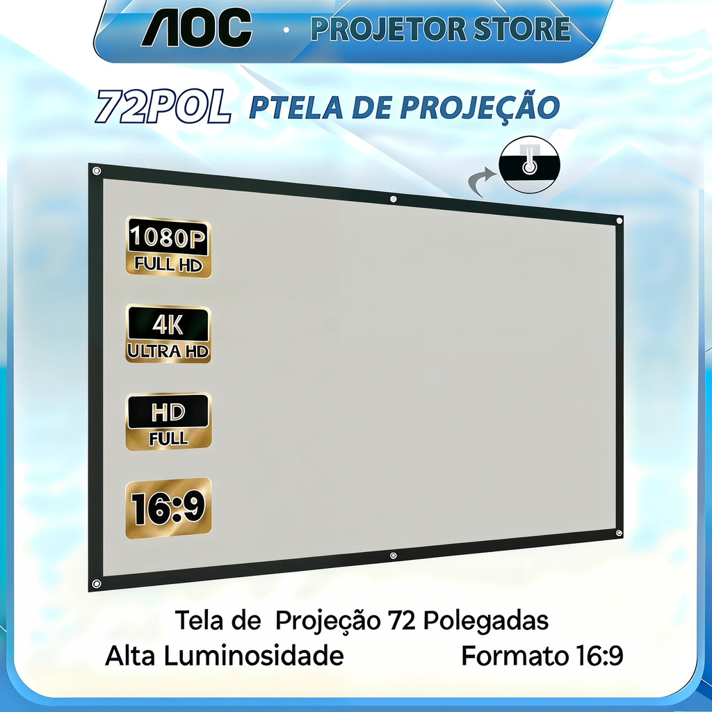 AOC Tela de Projeção 72 Inch 4K HD Portátil Imagem Nítida e Cinema em Casa