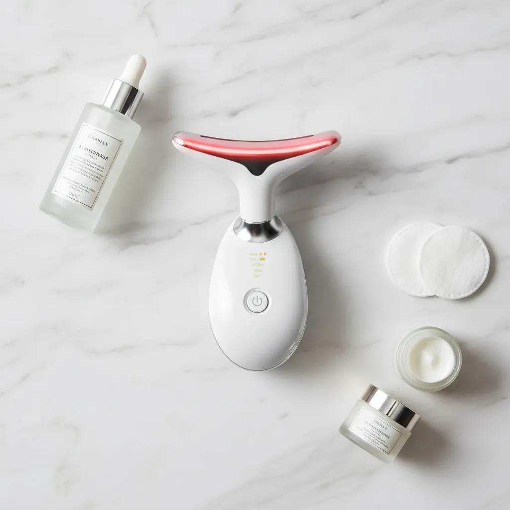 Massageador mini e portátil para pescoço e rosto com terapia de luz LED, aquecimento a 45° para rejuvenescimento.