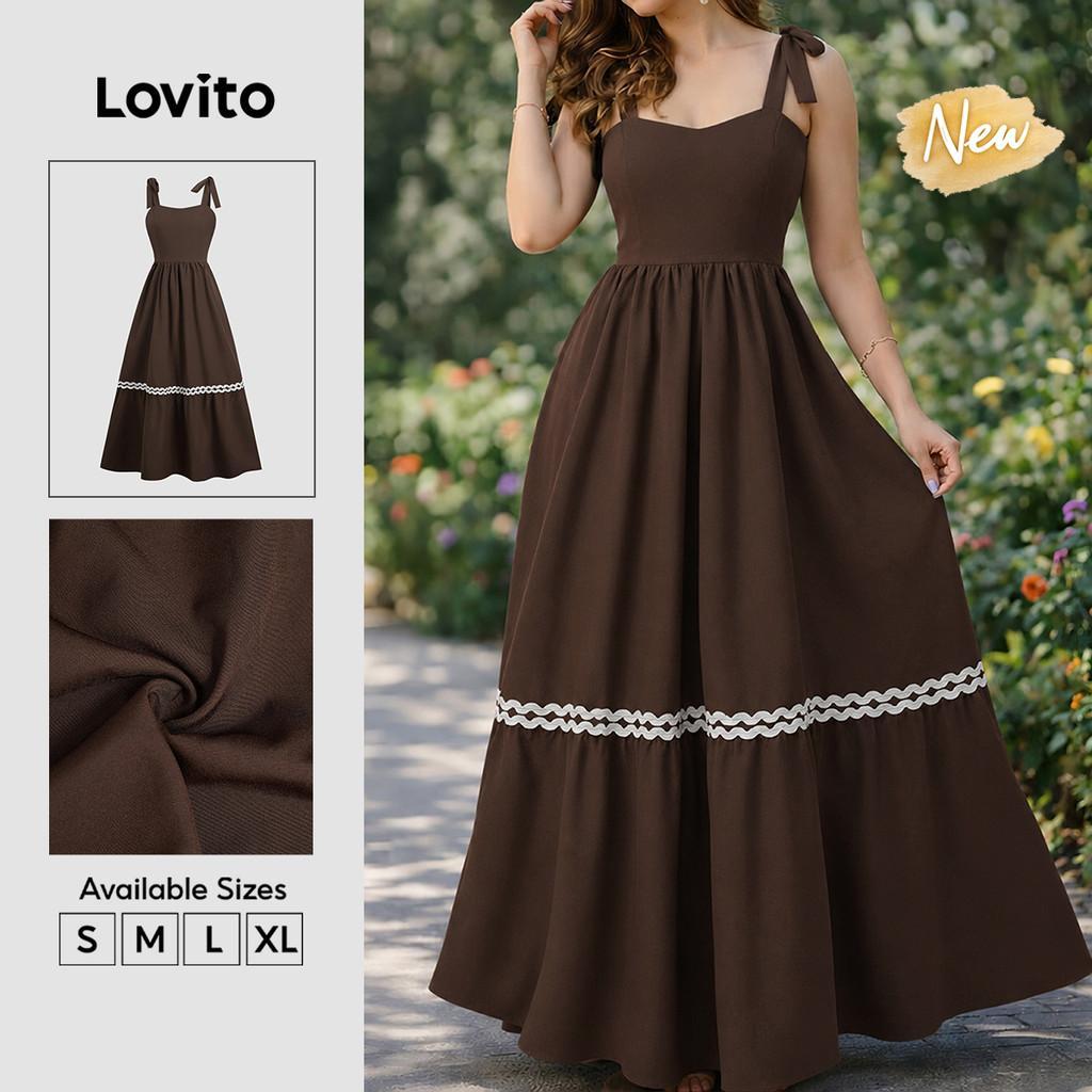 (New Arrival) Lovito Vestido Boho Colorblock com Renda para Mulheres Primavera/verão marrom DRB38BR065
