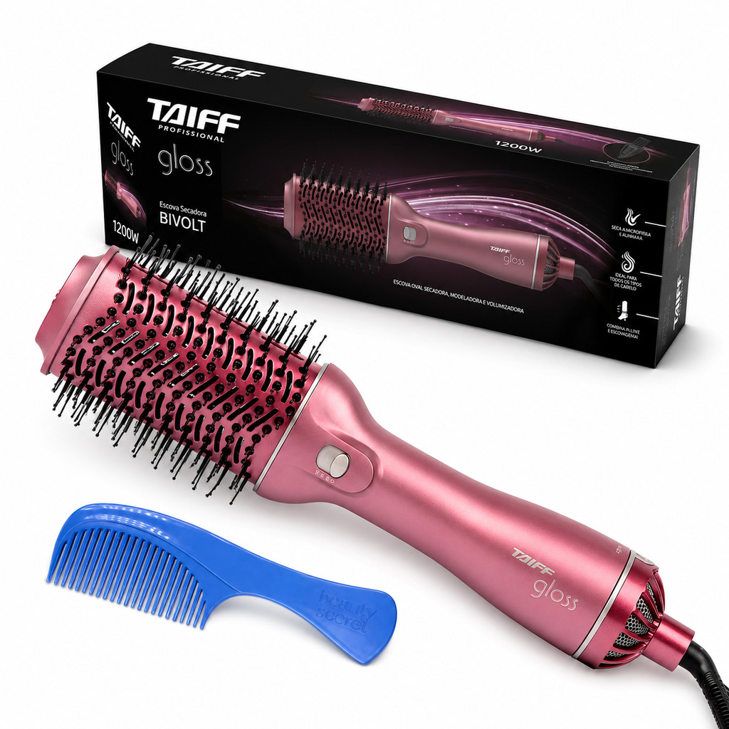 Kit Escova Secadora Modeladora Taiff Gloss Rose Bivolt 1200W e Pente Golfinho Azul Beauty Secret