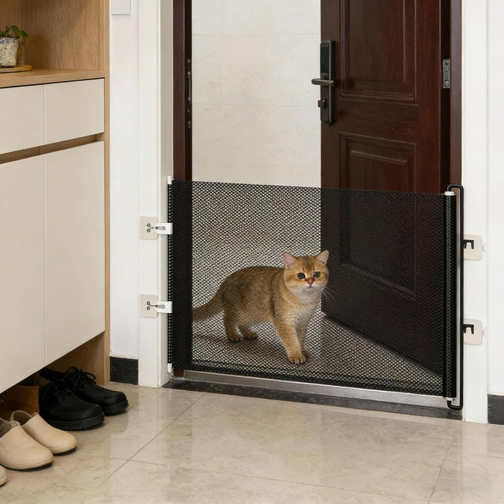 Tela Retrátil de Proteção para Cachorro Gato Bebê Barreira de Segurança Ajustável Sem Furos para Portas e Escadas