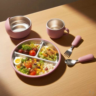 Prato de jantar de aço inoxidável com ventosa de silicone de novo estilo, utensílios de alimentação integrados, tigela p