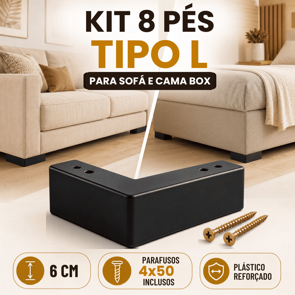 Kit 8 Pés Cantoneira Tipo L 6cm para Sofá Cama Box Puff e Rack Reforçado com Parafuso
