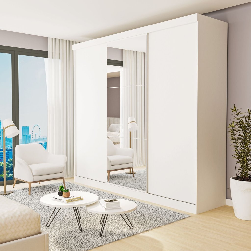 Guarda Roupa Casal Premium Barcelona 205,9cm com Espelho 3 Portas 4 Gavetas Yescasa Branco Branco