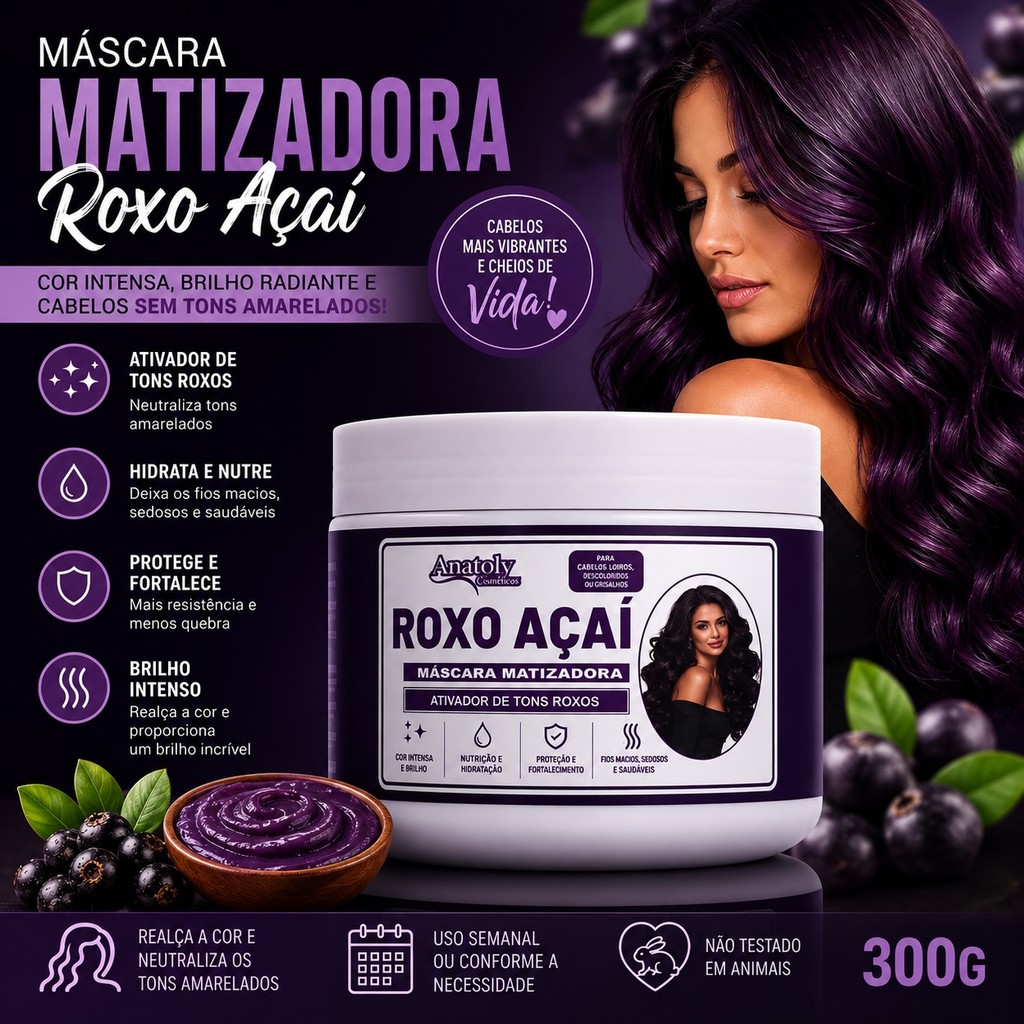 Máscara Matizadora Roxo Açaí 300gr Anatoly | Ativa e Intensifica Tons Roxos