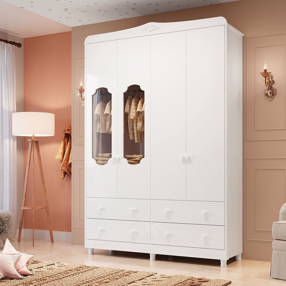 Guarda Roupa de Bebê 4 Portas com Janela e 4 Gavetas Maya Provençal Yescasa Branco/Brilho Branco