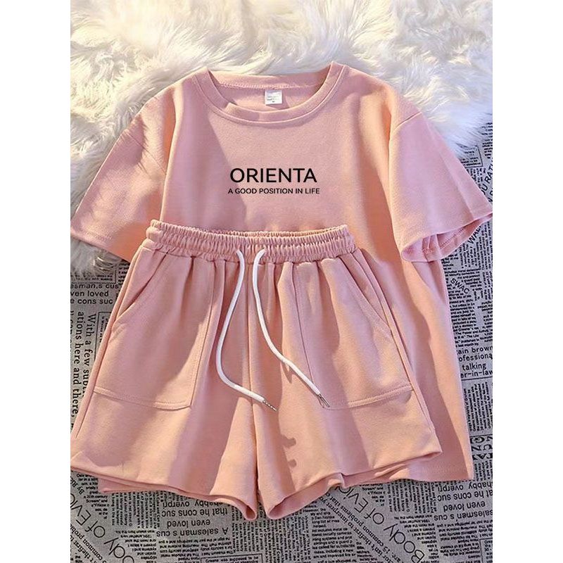 Estilo simples rosa Shorts de manga curta pijamas feminino verão solto pulôver Loungewear pode usar fora terno esportivo