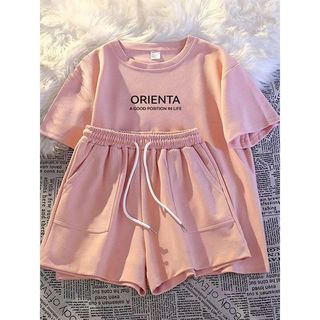 Estilo simples rosa Shorts de manga curta pijamas feminino verão solto pulôver Loungewear pode usar fora terno esportivo