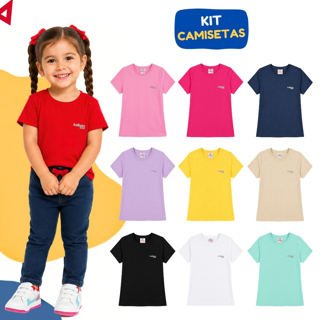 Kit 6 Camisetas Lisas Básicas Menina Manga Curta Sortidas Verão Infantil 1 ao 14