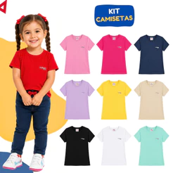 Kit 6 Camisetas Lisas Básicas Menina Manga Curta Sortidas Verão Infantil 1 ao 14