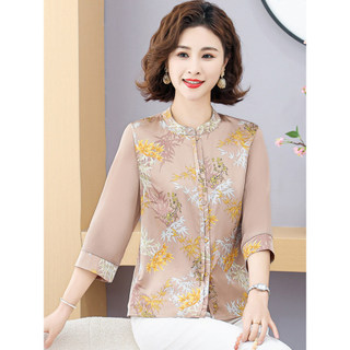 Mãe outono Chiffon camisa 2026 novo estilo manga de três quartos topo de meia-idade idosos feminino verão estilo naciona