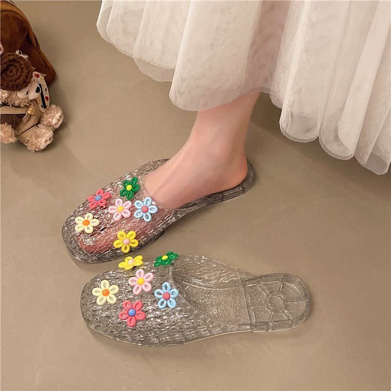 2026 novo estilo sapatos de cristal feminino plana transparente meia chinelos sandálias sapatos exteriores sapatos de ge