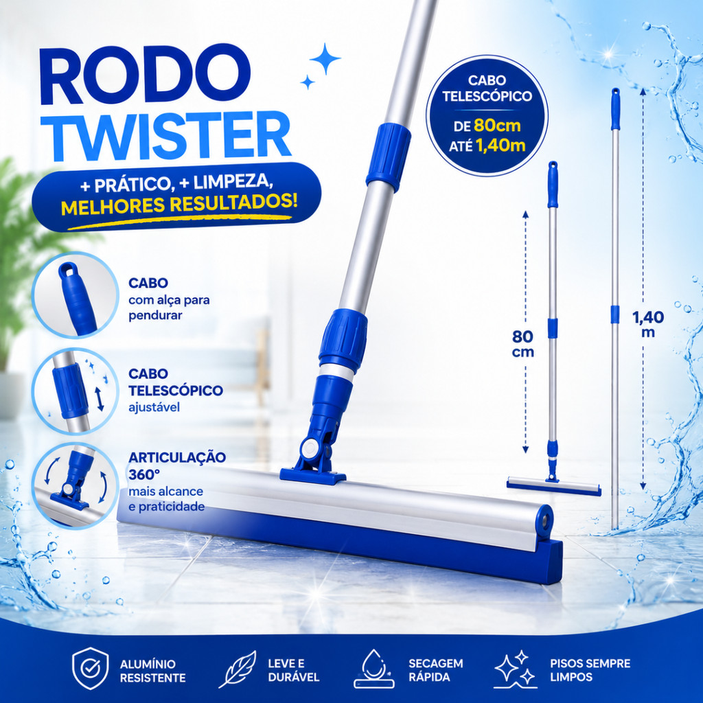 Rodo Twister 30cm Giratório - Cabo Telescópico 80cm a 1,40m Articulado Limpeza Piso Vidro Bralimpia