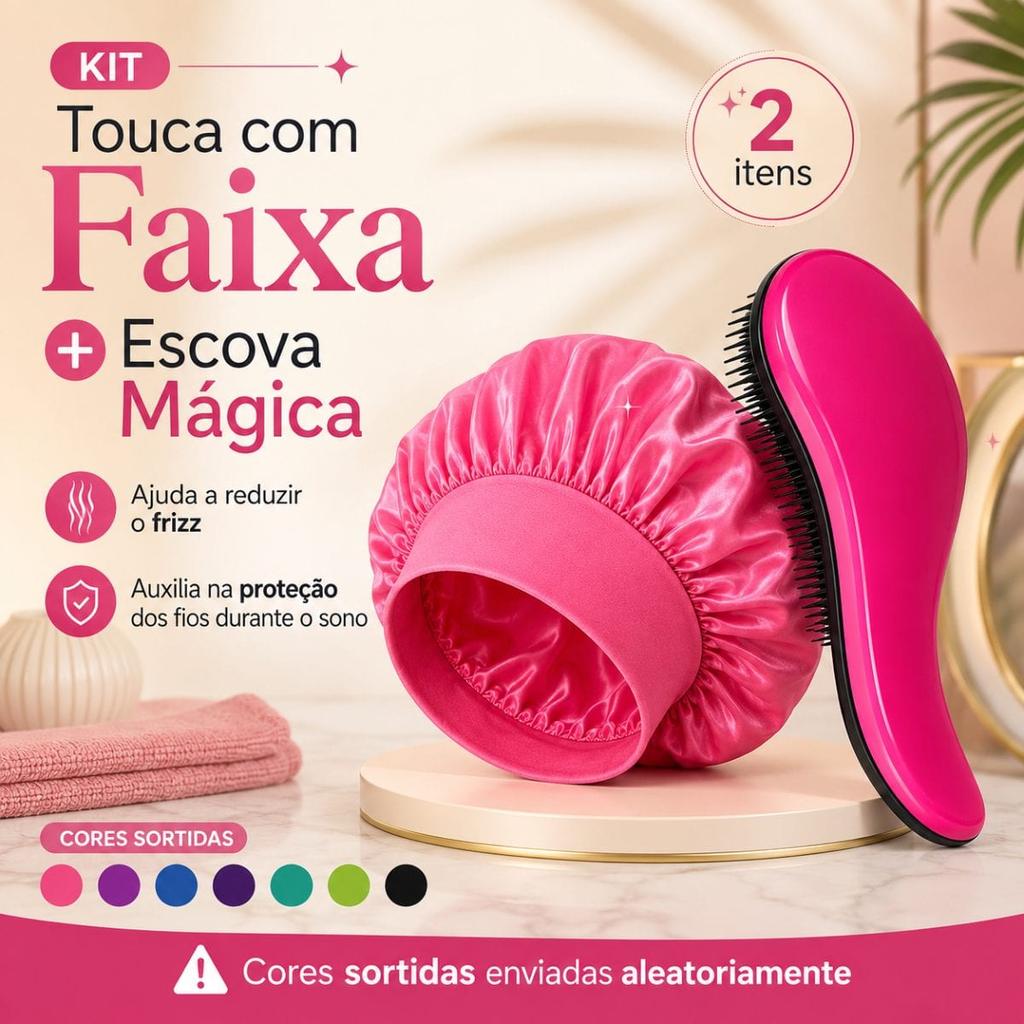 Kit Touca de Cetim com Faixa e Escova Mágica Desembaraçadora Compacta e Anatômica – 2 Peças, Cores Sortidas
