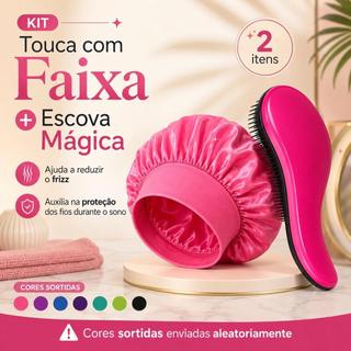 Kit Touca de Cetim com Faixa e Escova Mágica Desembaraçadora Compacta e Anatômica – 2 Peças, Cores Sortidas