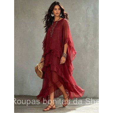 Vestido Francês VJQP |     Elegante Blusa Solta de Chiffon com Mangas Bufantes [Look Casual Plus Size para Festas, Encon