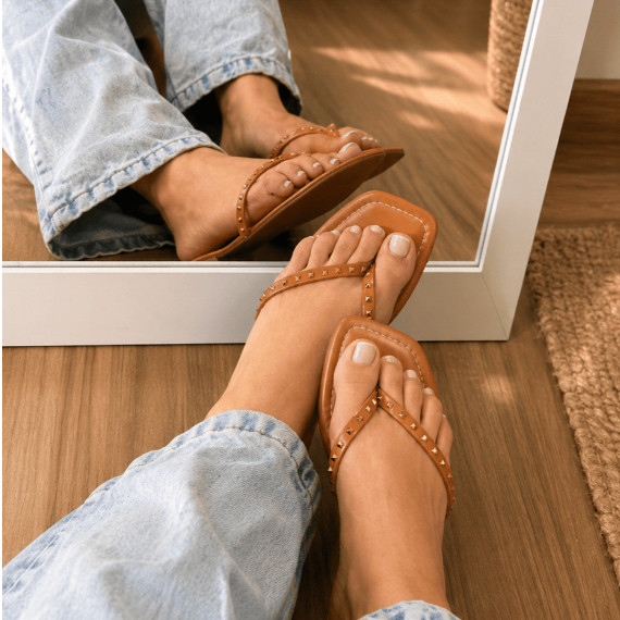 Sandália Rasteirinha Feminina Bico Quadrado Detalhe Dourado Flat Luxo Confortável Verão 34 ao 40