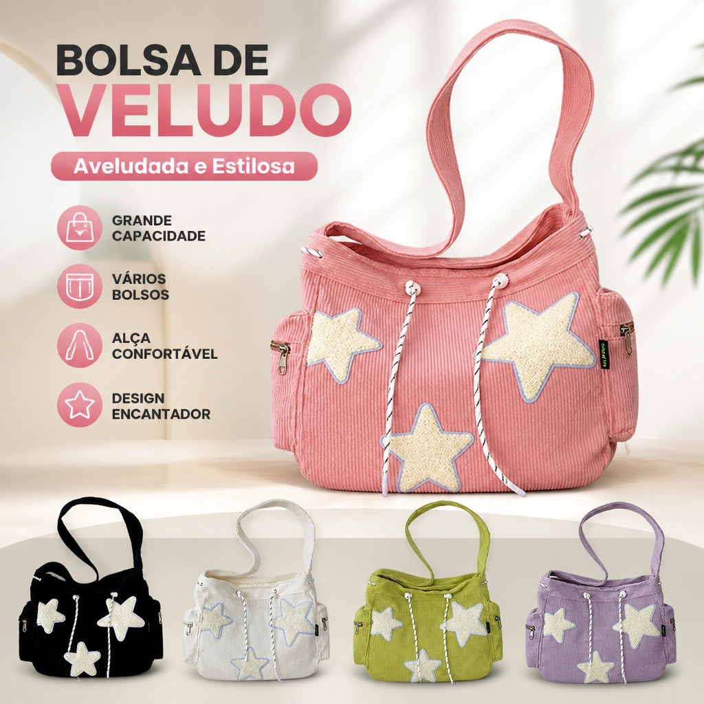 Bolsa Unissex Transversal Grande Ombro Casual, Moderna E Espaçosa,Tecido De Veludo Cotelê Com Desenho De Estrelas