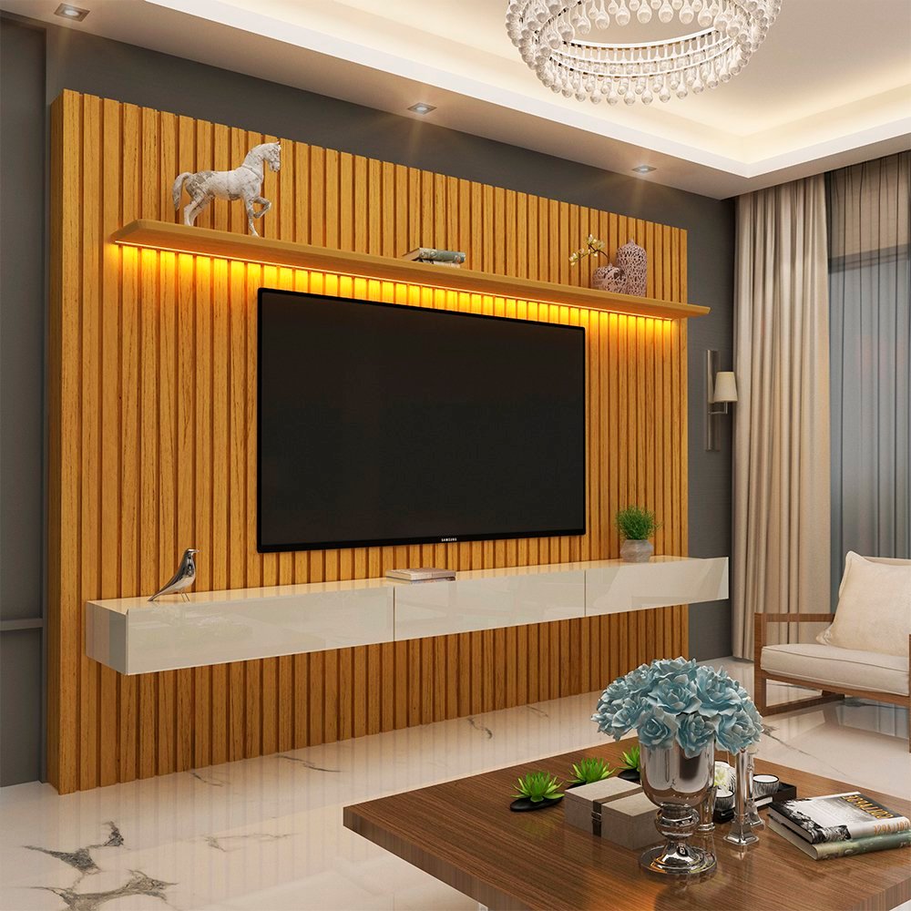 Estante para TV e Home Theater até 90 Polegadas 100% MDF com LED 228,8CMX217CM Ripada com LED 3 Gavetas Nobre Clean