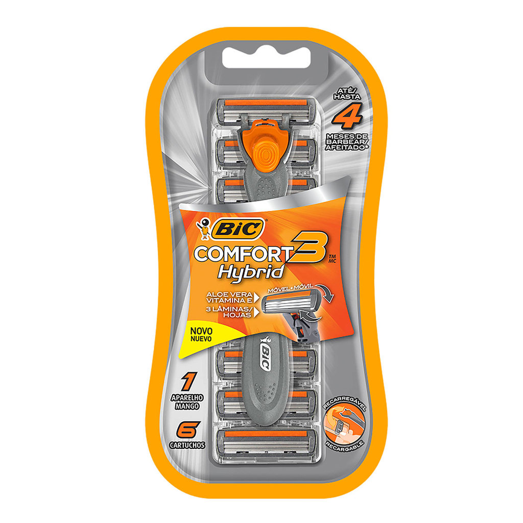 Barbeador descartável Confort3 Hybrid recarregável Cinza + 6 lâminas Bic