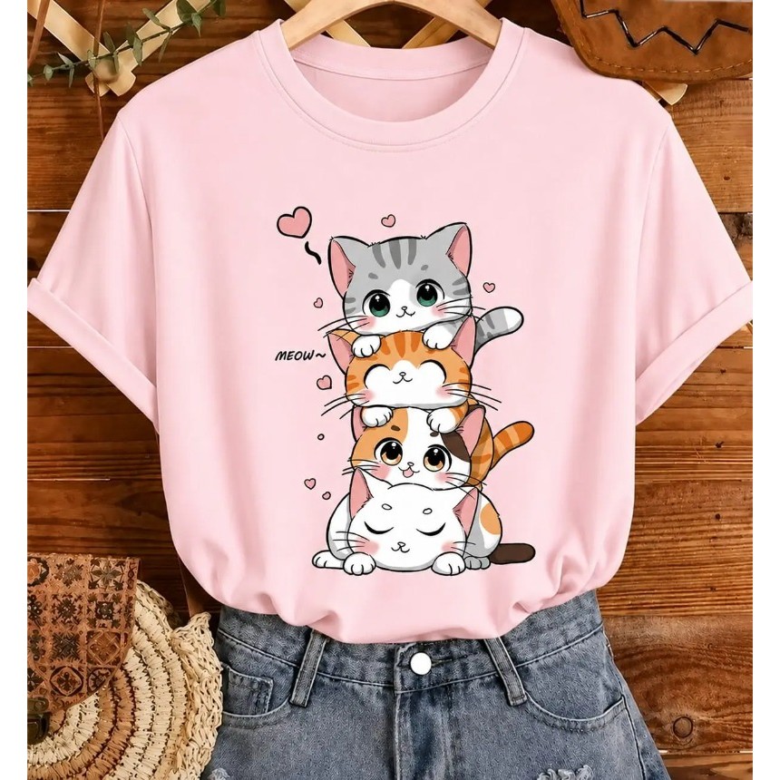 Tshirt Feminina Camiseta Gatinhos Fofos Algodão Casual Preta Branca GATOS