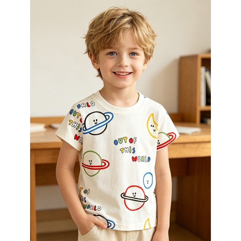 Transfronteiriço novo estilo roupas de verão meninos bege universo planeta camiseta Casual em torno do pescoço de manga 