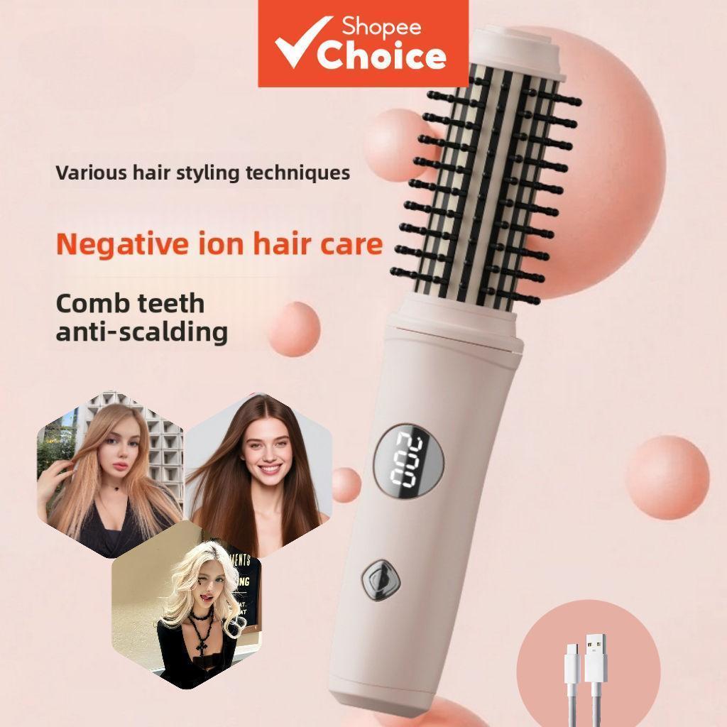Escova Modeladora de Cabelo Portátil Mini 3 em 1 Sem Fio Recarregável Aquecimento Rápido, Alisador e Modelador de