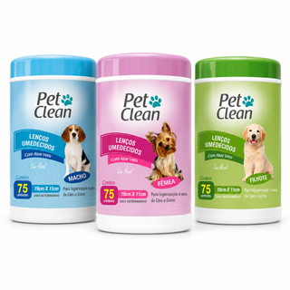 Lenço Umedecido Pet Clean 75 Unidades para Cães e Gatos Higiene e Limpeza Pet Escolha a Variação