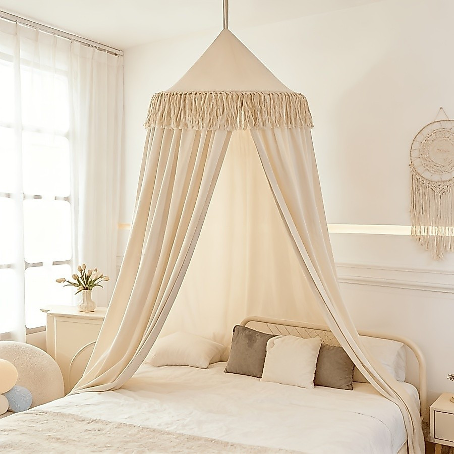 Dossel de Cama Boho com Franjas, Cortina Suspensa de Teto Estilo Princesa Cúpula para Quarto