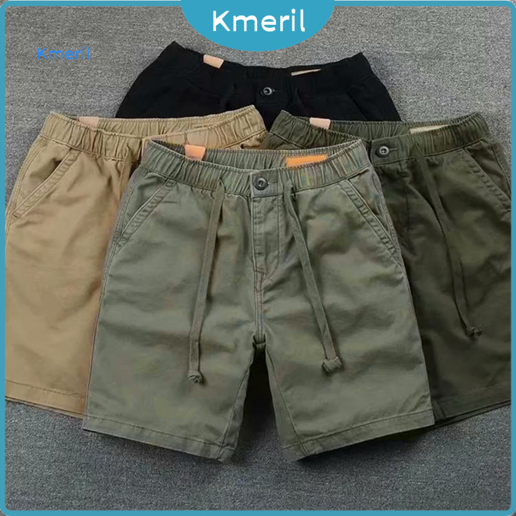 Shorts Masculinos De Verão , Cor Sólida , Bolso Com Cordão , Cintura Elástica , Meia Calça , Roupa Casual Solta , Cargo