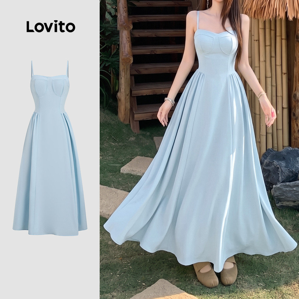 Lovito Vestido Boho Casual Simples Azul para Mulheres Primavera/Verão DRB200TD079