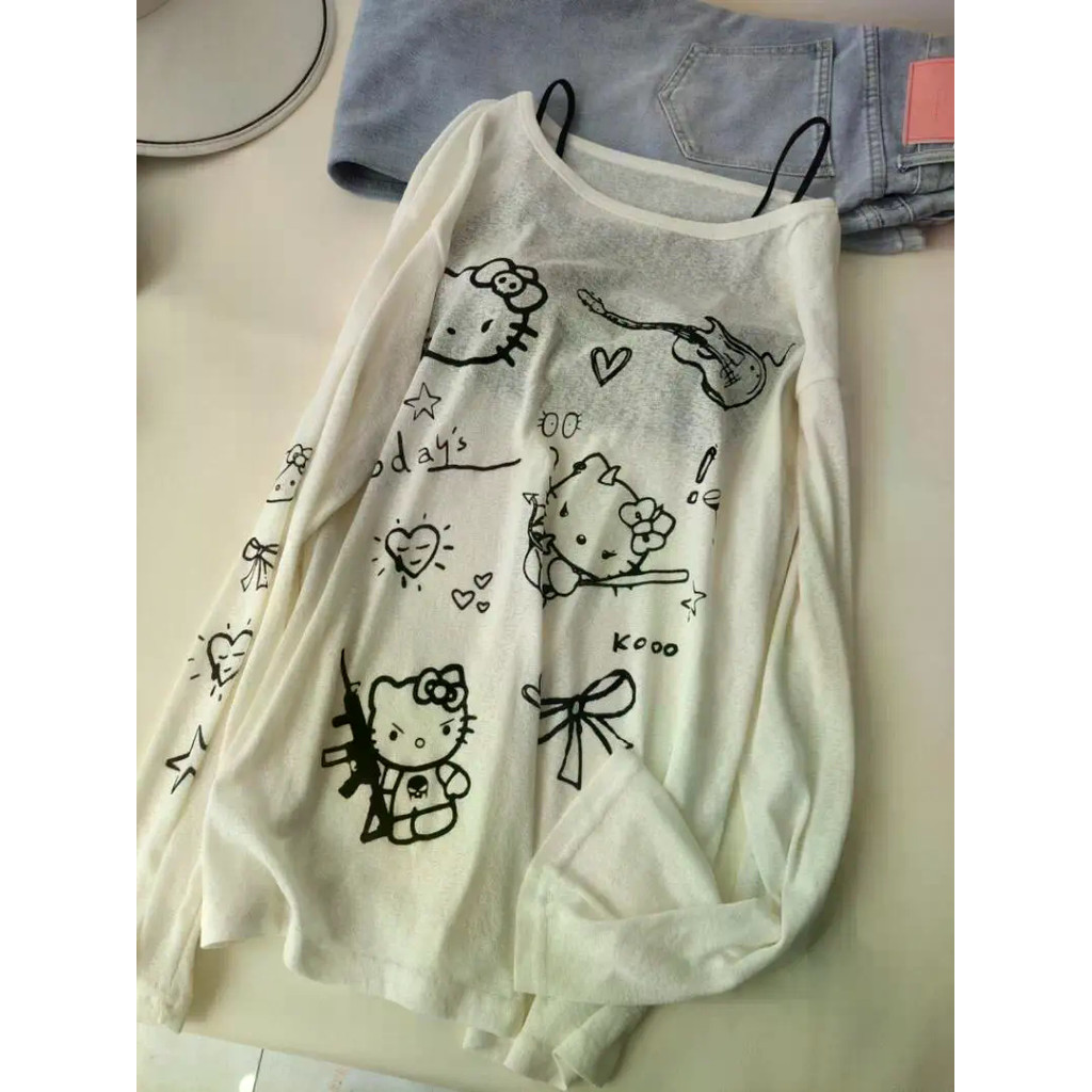X-LARANJA bonito dos desenhos animados impresso em torno do pescoço de manga comprida camiseta solta topo primavera outo