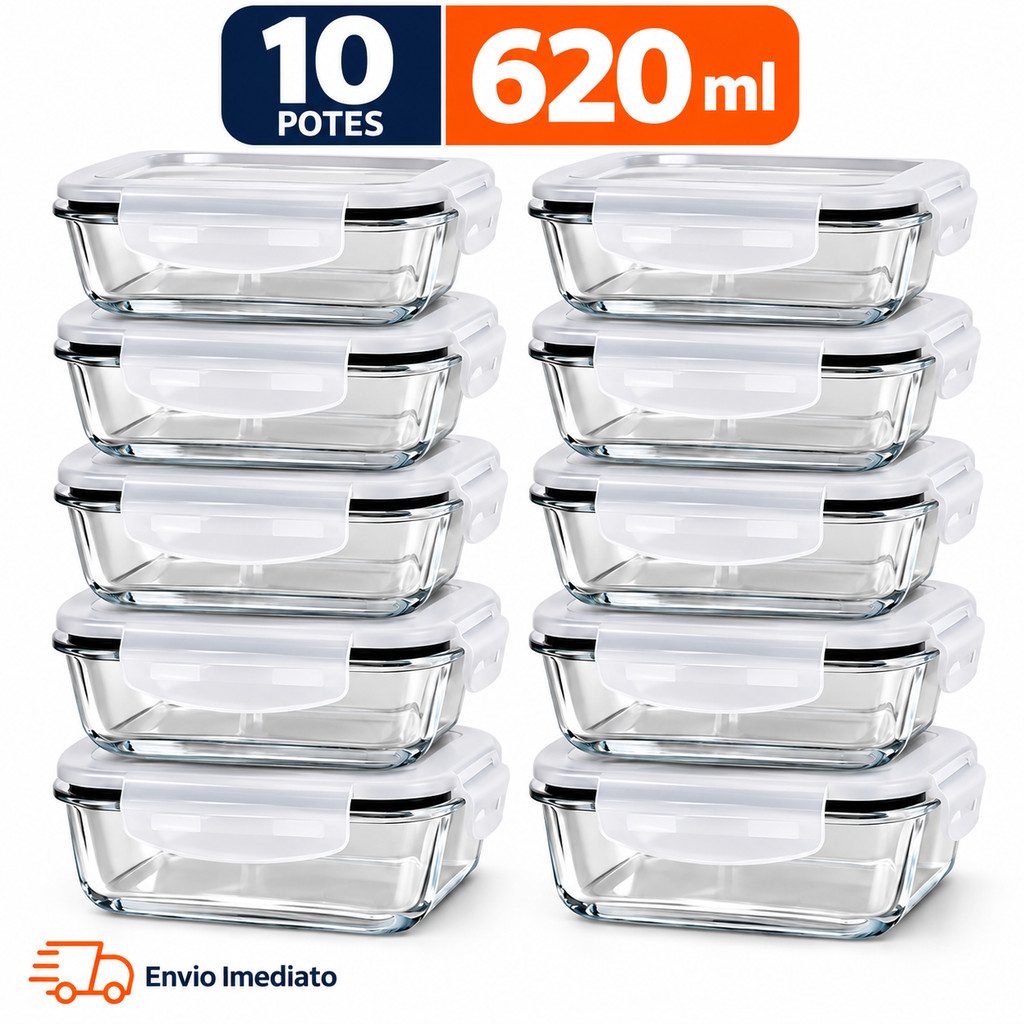 Kit 5 ou 10 Potes de Vidro Herméticos 620ml Tampa 4 Travas Marmita