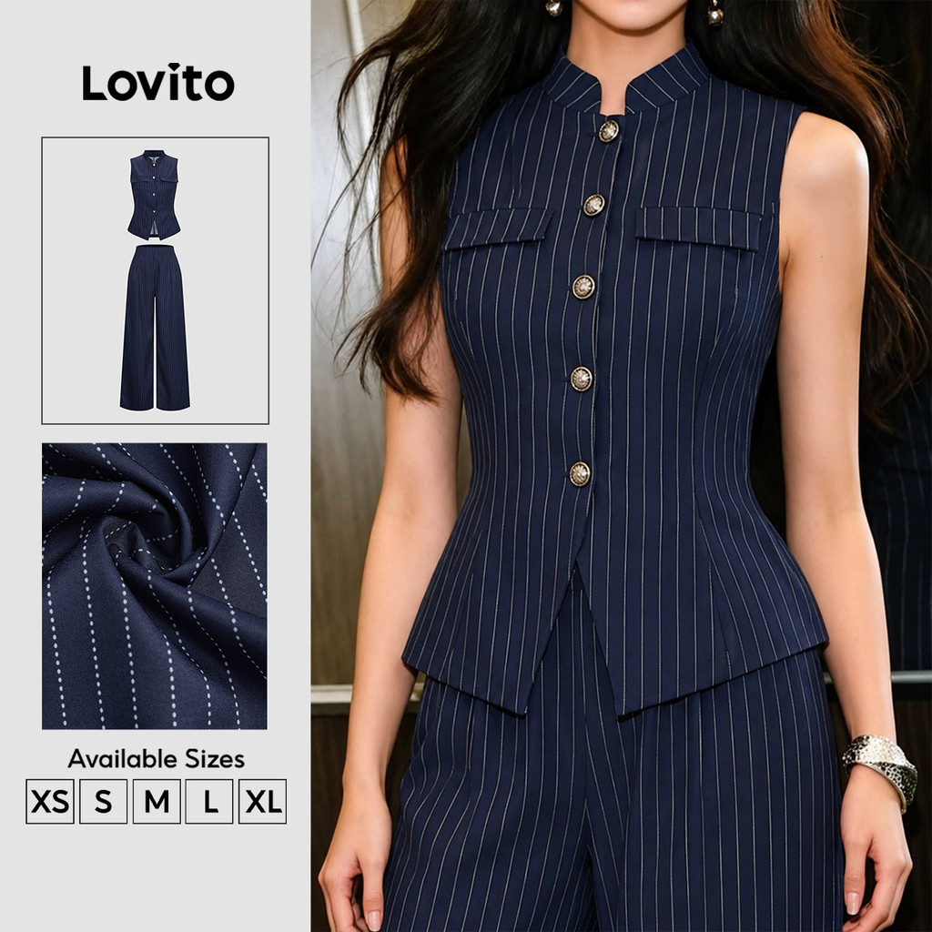 Lovito Calças Azuis Marinhas Casuais com Bolso Botão para mulheres PSK8BR236