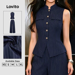 Lovito Calças Azuis Marinhas Casuais com Bolso Botão para mulheres PSK8BR236