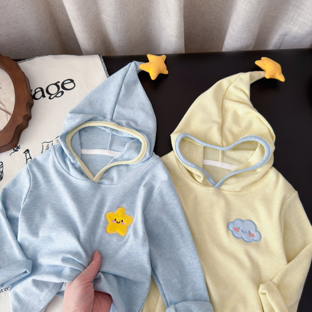(6m-15Yrs) Crianças Outono Bordado Estrela Hoodie Manga Longa Camiseta Estilo Coreano Respirável Leve Bonito Meninos Men