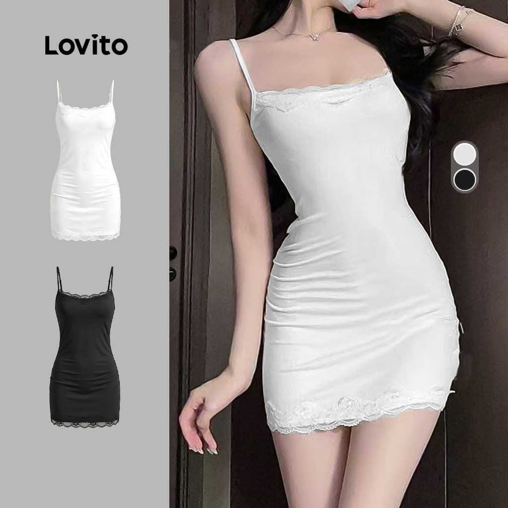 Lovito Camisola Casual De Renda Lisa Com Alças Finas Estilo Camisola De Dormir Para Mulheres LNE148063