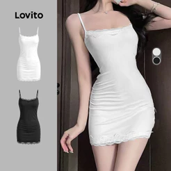 Lovito Camisola Casual De Renda Lisa Com Alças Finas Estilo Camisola De Dormir Para Mulheres LNE148063