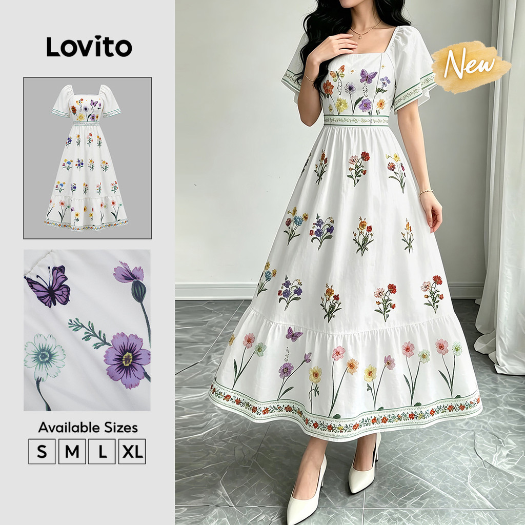 (New Arrival) Lovito Vestido Feminino Boho Floral Longo babados/zíper Corte a Casual Fim De semana/férias primavera/verão DRB39BR148