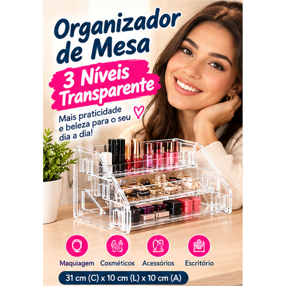 Organizador de Mesa 3 Níveis Transparente para Cosméticos, Acessórios, Maquiagem e Pequenos Objetos