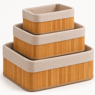Kit 3 Cestos Organizador De Bambu Multiuso Com Forro