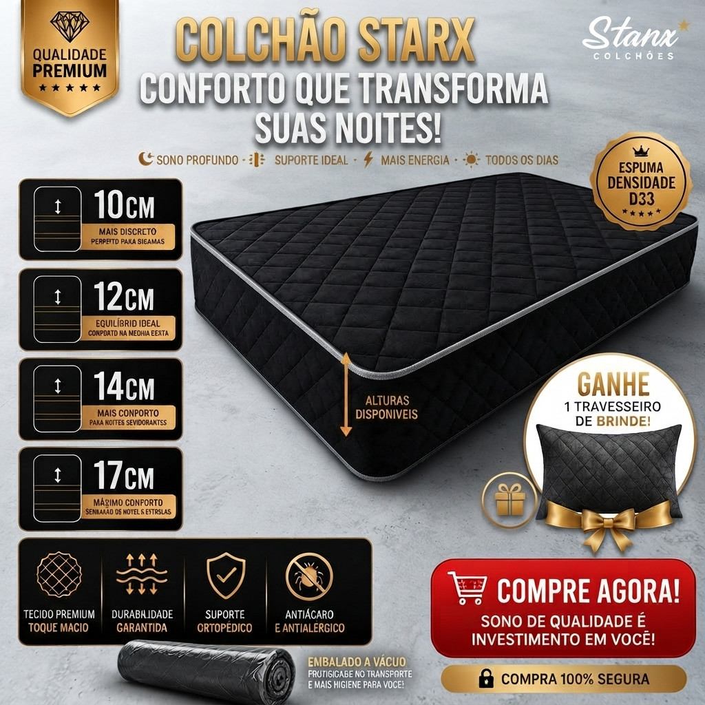 Colchão Solteiro D33 + Travesseiro Espuma Firme Confortável Ortopédico Pillow Top Bordado Premium 88x188