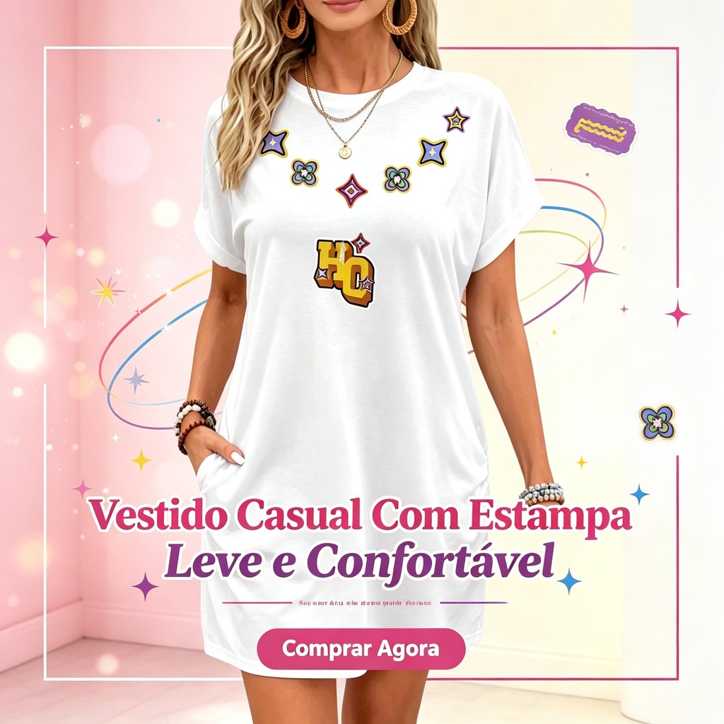 Vestido Camiseta Feminino Oversized Estampa Letra HQ e Estrelas Gráfica Gola Redonda Manga Curta Bolso Confortável