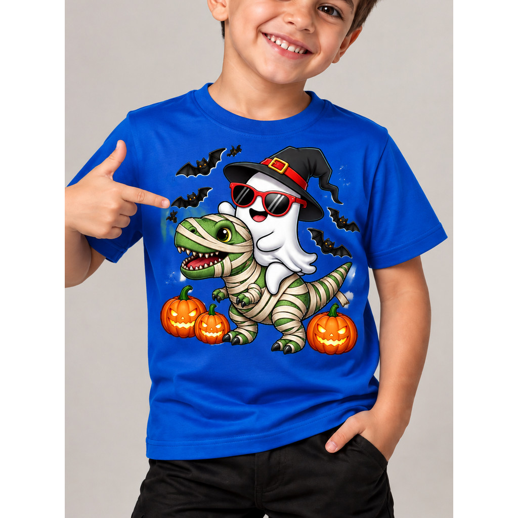 CAMISETA INFANTIL INFANTOJUNENIL JOVEM 100% ALGODÃO CONFORTÁVEL MENINO DESENHO FANTASMA COM DINOSSAURO ENVIO RAPIDO